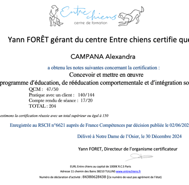 Certification educateur canin - Alexandra Campana