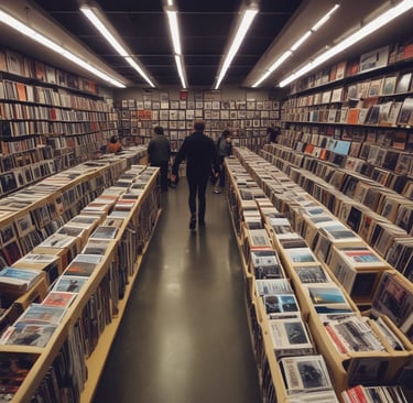 A large record store filled with rows of vinyl records and CDs. Shelves display various album covers in diverse genres, and the walls are covered with posters. Several people browse through the collection.
