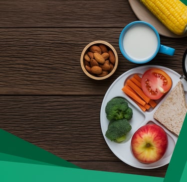 a plate with a plate of food and a bowl of fruit and vegetables
