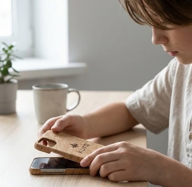 Een jonge jongen die aan een tafel zit met een mobiele telefoon.