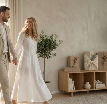 een bruidspaar lopen in een ruimte met cadeaus