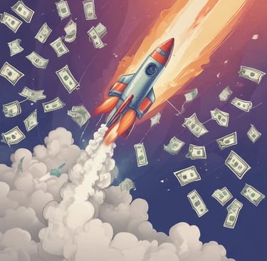 a rocket ship with money bills coming out of itt