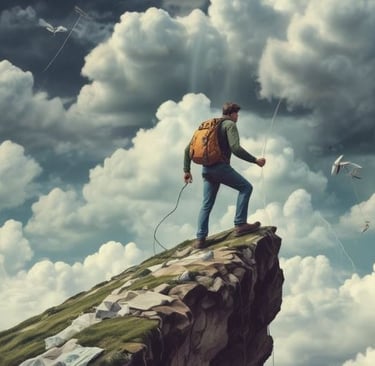 a man standing on a cliff covered with documents during a storm