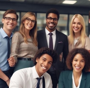 a group of young adults standing in an office setting