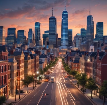 a city street scene with a city skyline in the background