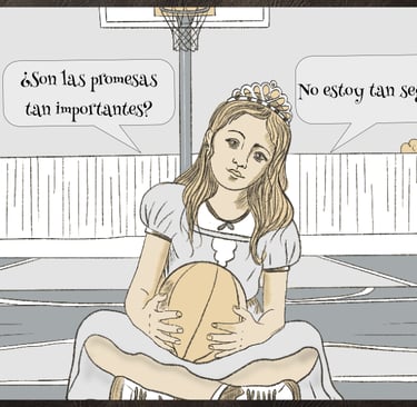 Illustration of a girl in a princess dress holding a basketball on a court, questioning the importance of promises.