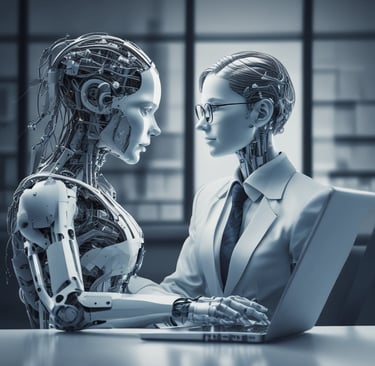 A detailed robotic figure stands on a wooden surface. The robot features intricate metallic components, including articulated arms and legs, and a complex head design with visible mechanics. Its overall aesthetic is metallic, with a prominent gray and silver color scheme accented with darker and lighter shades. The robot appears poised and ready for action, with one arm equipped with a circular saw-like mechanism.