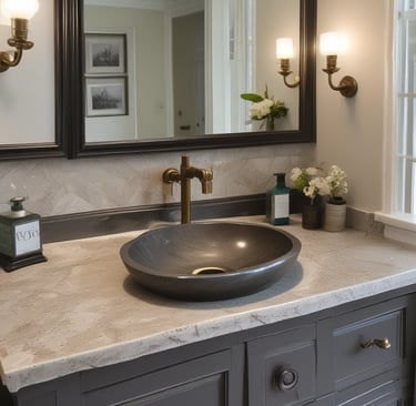 A modern bathroom vanity with a circular mirror hanging above a rectangular white sink. The mirror is framed with a thin, dark rim and suspended by a leather strap. The sink rests on a wooden countertop, complemented by metallic faucets. On the left side of the sink, there are brown and silver soap dispensers.
