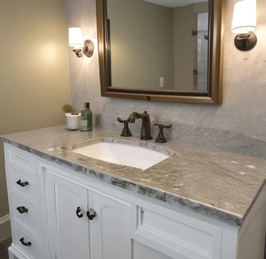 A dark marble surface characterized by intricate white veining and scattered white specks. The texture appears smooth and polished, common in natural stone countertops or flooring.