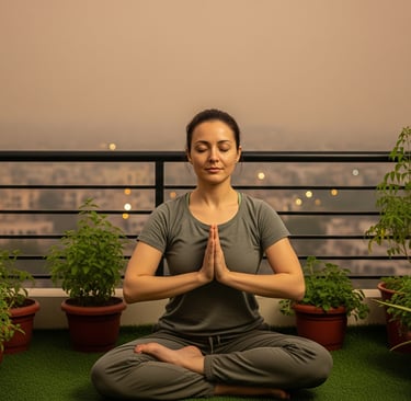 A person meditates on a green balcony overlooking a hazy, polluted city skyline, symbolizing Ayurved