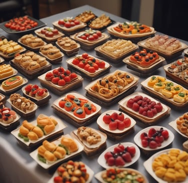 A set of elegantly plated appetizers displayed on wooden trays with decorative gold-colored stands. The dishes are presented on small white boat-shaped dishes, containing portions of salmon garnished with herbs. The setting appears to be outdoors, possibly at a catered event or upscale gathering.