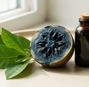 A sliced genipa americana fruit and bottle of jagua ink extract on a beige ceramic plate.