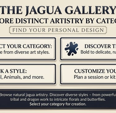 The Jagua Gallery menu featuring natural temporary tattoo styles like tribal, floral, and animal designs.