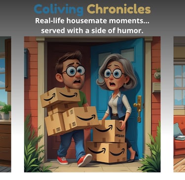 Coliving Chronicles cartoon of roommates — coffee scene, package chaos, and thermostat battle.