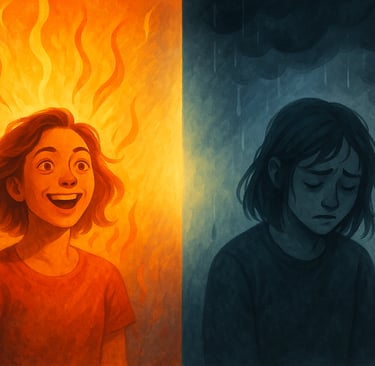 animaged representation of bipolar disorder represing same female with two contrasting moods