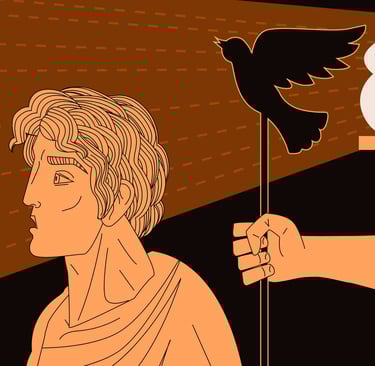 A image of a man looking at a shadow of a bird casted by a flame behind him by a hand holding a bird