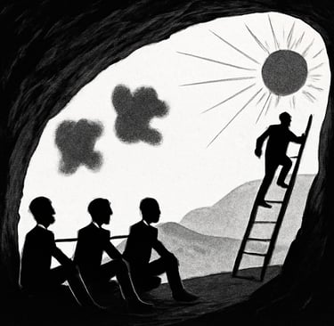 A cave with three man changed looking outside with another man climbing a ladder towards sun.