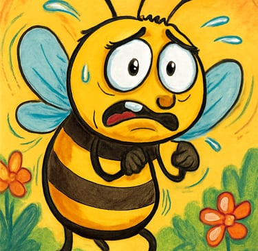 An anxious animated bee sweating and looking scared. 
