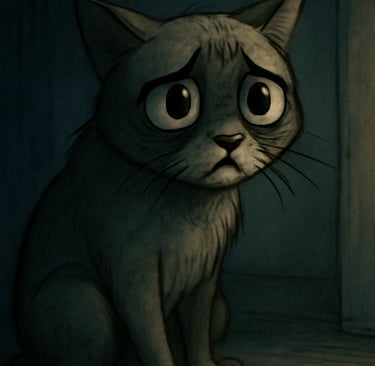 A grim image of a cat in a dark enviournment. The image seems to be negitive and dark. 