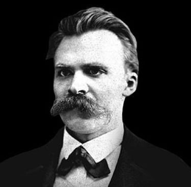 A black and white potrait of German writer Neitzsche with his glories moustache. 