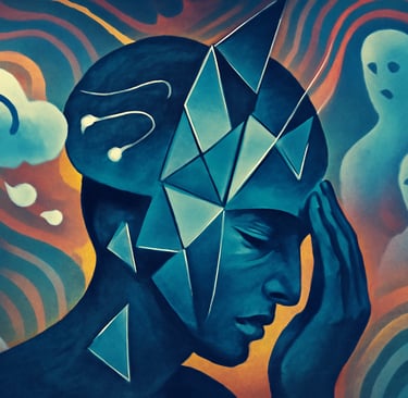 A colourful potrait of a face with dark enviourment sourrounded by negative thoughts. 