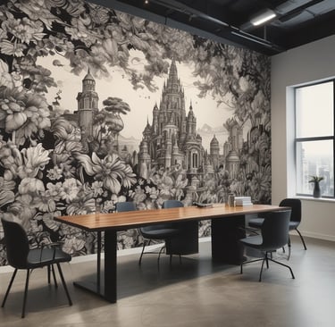 A computer monitor displays a graphic design software interface, specifically Adobe Photoshop CC 2018. The screen shows a digital webpage layout with various sections, featuring vibrant and colorful graphics. In the foreground, a desk with a notebook and some handwritten notes is visible, while another partially visible screen displays a scenic green landscape.