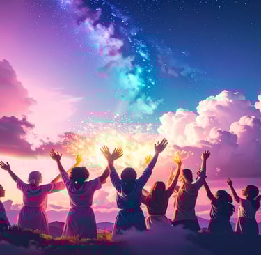 a group of people standing on a hill with their hands up in the air
