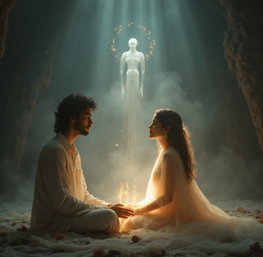 a man and woman sitting on a bed in a cave