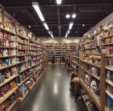 A colorful pet store section with a vibrant blue and yellow floral theme. Shelves are filled with pet party kits, grooming products, and toys. A plush cushion shaped like a flower with a smiley face is placed in the corner along with stuffed animals resembling dogs and lions. The area is labeled as 'Pet Zone' with a prominent sign.