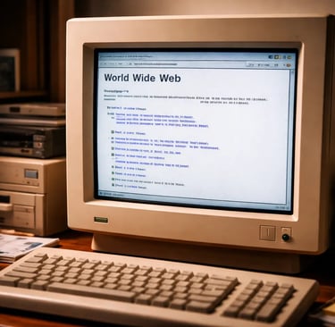 Primeiro site do mundo exibido em computador vintage com monitor CRT mostrando a página World Wide W