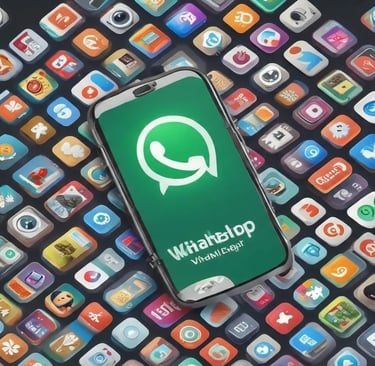 Um smartphone exibindo o logotipo do WhatsApp, cercado por vários ícones coloridos de aplicativos mó