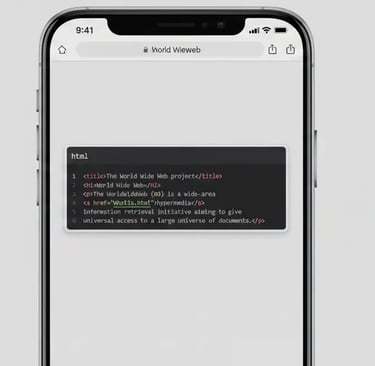 Um smartphone exibindo um trecho de código-fonte HTML de um projeto de desenvolvimento web.