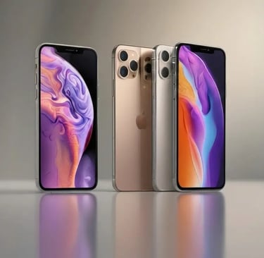 Três iPhones da Apple em dourado e prata mostrando as vistas frontal e traseira sobre uma superfície
