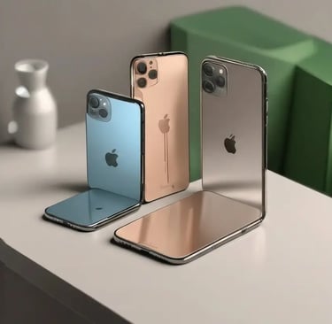 Três modelos de iPhone dobráveis em azul, dourado e prata exibidos sobre uma superfície branca