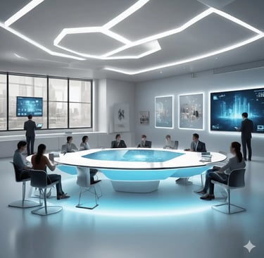 Sala de aula do futuro com mesa interativa iluminada, telas digitais e profissionais analisando dado