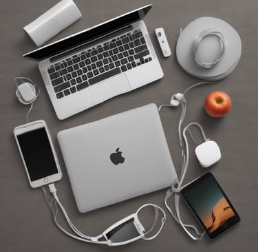 A collection of modern electronic devices, including a laptop, tablet, smartphone, and a portable external hard drive, all displaying a sleek and minimalist design with a focus on metallic and dark tones.