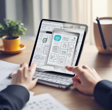 A smartphone with a decorative case lies on top of an open laptop, with the keyboard and a segment of the screen visible. The laptop's screen is displaying a futuristic, abstract interface of charts and curves. The setting has a moody ambience with dim lighting.