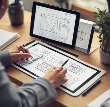 Um designer esboça plantas arquitetônicas em um tablet digital com caneta stylus, sentado a uma mesa