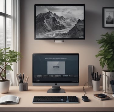 A modern workspace features a large curved monitor displaying a web agency page, surrounded by various items including a laptop, a smartphone, a wireless keyboard, headphones, and a stylus pad. The setup is neatly arranged on a wooden desk against a dark wall, creating a sleek and professional look.
