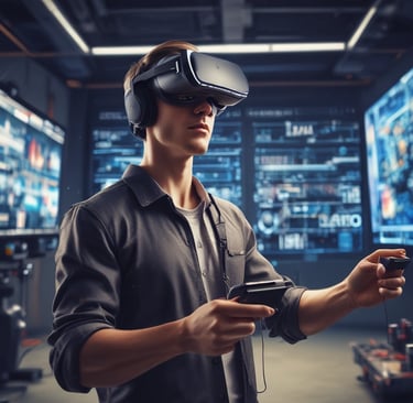 Various technology-related items are placed on a dark surface. A virtual reality headset with controllers is centrally located. Nearby, there is a black case, a tripod, and partially visible accessories including a wooden coaster or speaker.