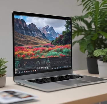 A laptop displaying a webpage with text and profiles alongside a green potted plant, creating a home-office vibe. The screen shows discussions on technical topics. A smartphone is partially visible near the laptop.