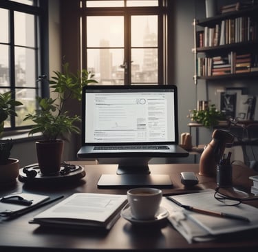 A workspace setting featuring an open laptop displaying code, a smartphone with a camera app open, a person's hand holding a cup of coffee, and a book titled 'Trend-Driven Innovation'. The person is wearing a watch and bracelets.