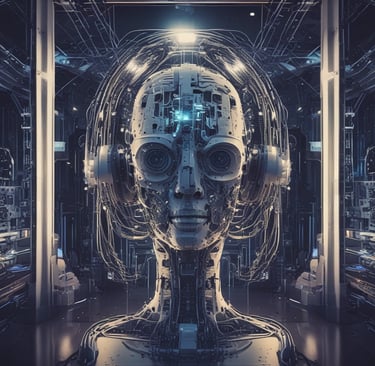 A large illuminated screen displays a tech-themed graphic with logos of various tech companies underneath. The setting appears to be an indoor event or conference with several spotlights beaming down, creating a dynamic atmosphere. Attendees are seated in front, silhouetted against the bright lights.