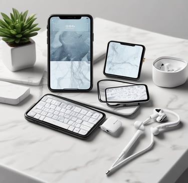 An arrangement of modern technology items including a smartphone, laptop, earbuds, and a mouse. The smartphone is prominently displayed with its box, featuring a sleek design and multiple cameras. The earbuds are neatly placed in an open case. A laptop and a wireless mouse are also visible, all set against a marble surface.