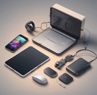 Uma coleção de dispositivos eletrônicos modernos, incluindo um laptop, um tablet, um smartphone e ac