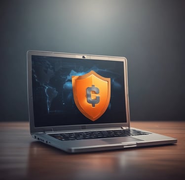 Ilustração digital de cibersegurança com um laptop exibindo um ícone de escudo laranja, simbolizando