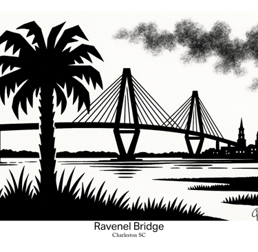 Black and white silhouette art of the Ravenel Bridge from nearby marsh… Charleston skyline.