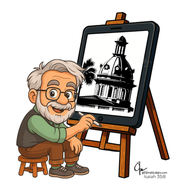 Color cartoon of Opa crafting a silhouette of the Statehouse dome.