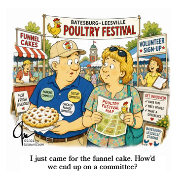 Cartoon of husband and wife soon after she signed them up to be on a committtee