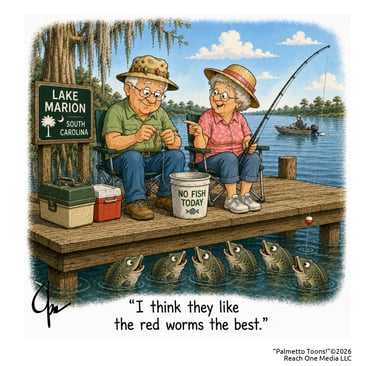 A full-color Palmetto Cartoon of two old people fishing and the fish waiting to be fed.